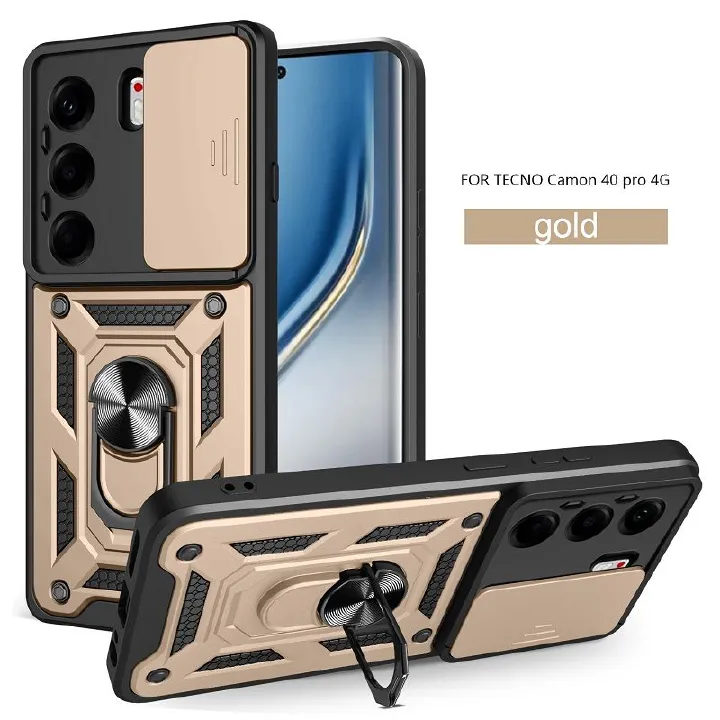 Luxury Slide Camera Lens Cover Case for Tecno Camon 40 Pro Vehicle Mounted Magnetic Kickstand Case