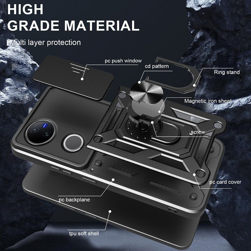 Luxury Slide Camera Lens Cover Case for Vivo V40 Lite V50 V40 V50 Lite V40e V30 Pro V30e V30 Lite V29e V29 V27 Pro V27e Vehicle Mounted Magnetic Kickstand Case