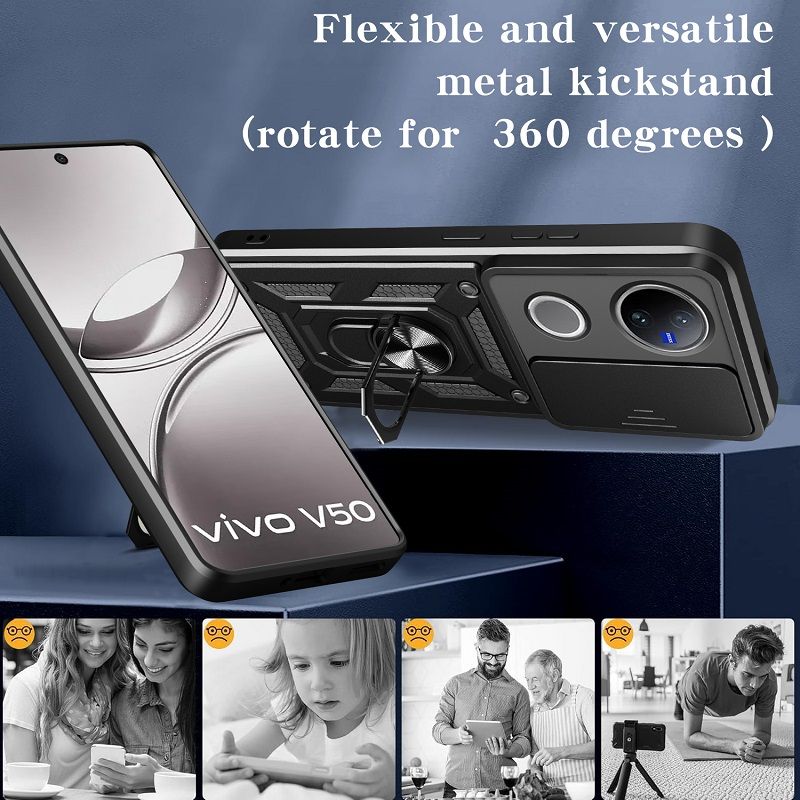 Luxury Slide Camera Lens Cover Case for Vivo V40 Lite V50 V40 V50 Lite V40e V30 Pro V30e V30 Lite V29e V29 V27 Pro V27e Vehicle Mounted Magnetic Kickstand Case