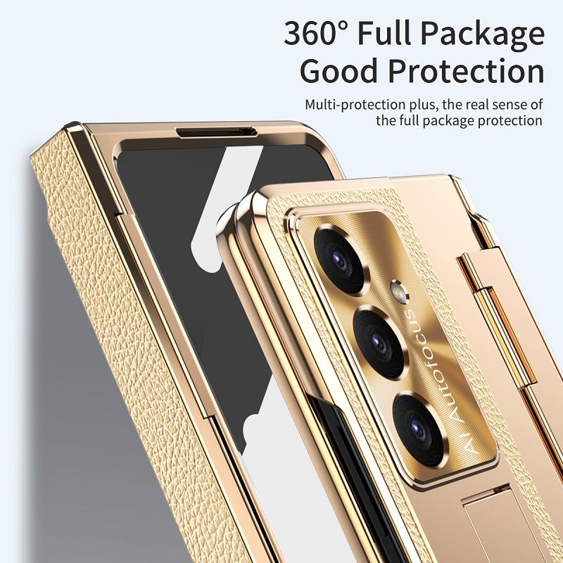 Phone Case For Samsung Galaxy Z Fold7/ Fold6/ Fold5/ Fold4/ Fold3 Electroplated Gold Armor Leather Hinge Folding Bracket Anti-Fall Protective Cover