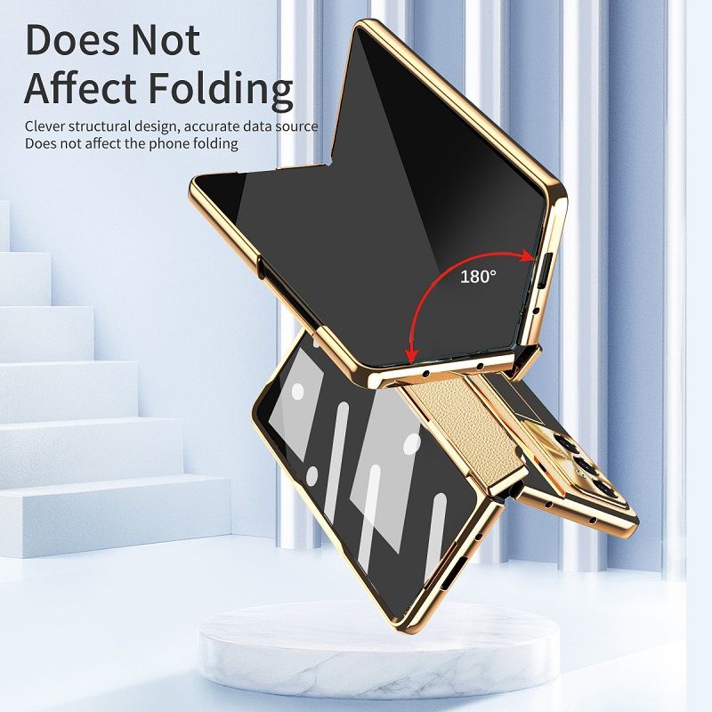 Phone Case For Samsung Galaxy Z Fold7/ Fold6/ Fold5/ Fold4/ Fold3 Electroplated Gold Armor Leather Hinge Folding Bracket Anti-Fall Protective Cover