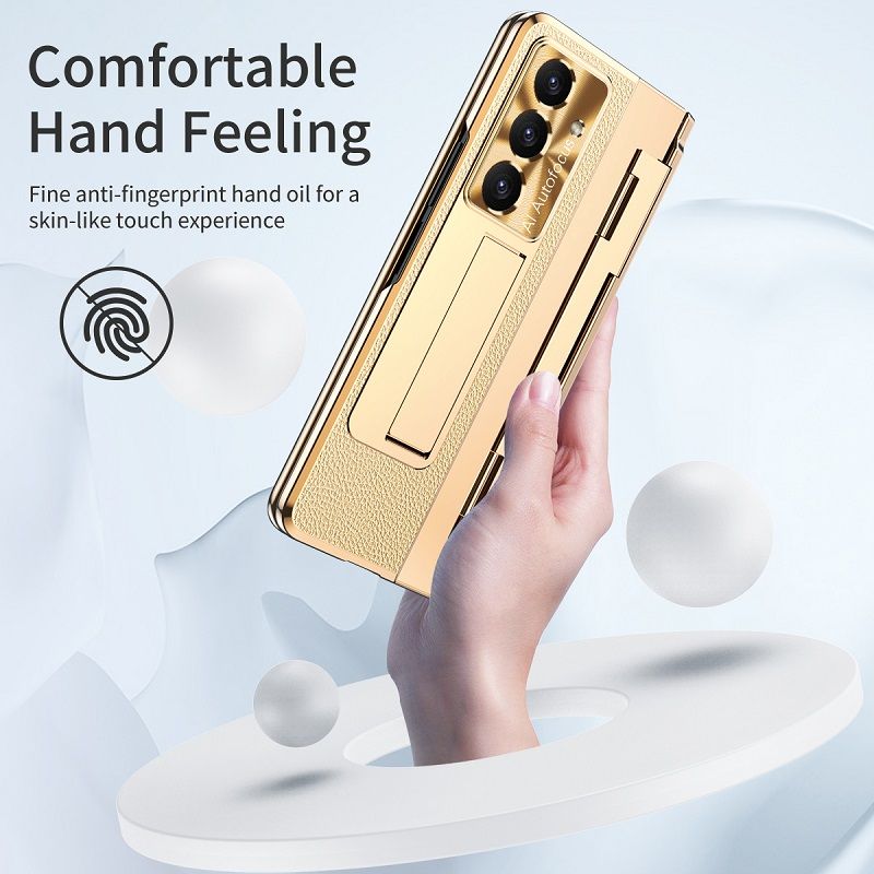 Phone Case For Samsung Galaxy Z Fold7/ Fold6/ Fold5/ Fold4/ Fold3 Electroplated Gold Armor Leather Hinge Folding Bracket Anti-Fall Protective Cover