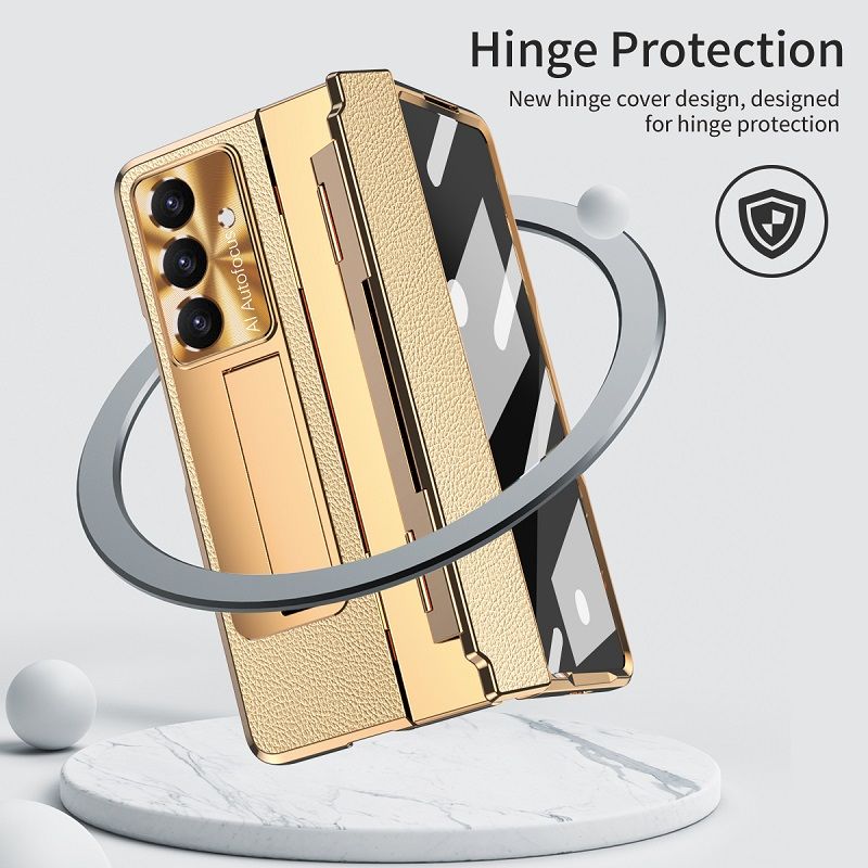 Phone Case For Samsung Galaxy Z Fold7/ Fold6/ Fold5/ Fold4/ Fold3 Electroplated Gold Armor Leather Hinge Folding Bracket Anti-Fall Protective Cover