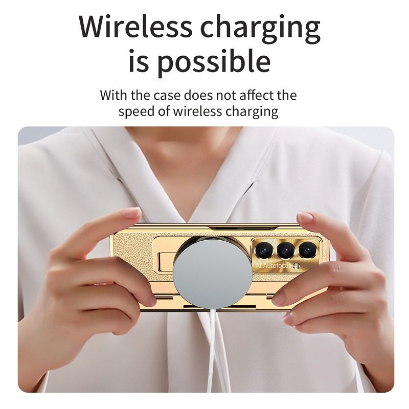 Phone Case For Samsung Galaxy Z Fold7/ Fold6/ Fold5/ Fold4/ Fold3 Electroplated Gold Armor Leather Hinge Folding Bracket Anti-Fall Protective Cover