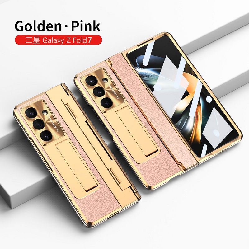Phone Case For Samsung Galaxy Z Fold7/ Fold6/ Fold5/ Fold4/ Fold3 Electroplated Gold Armor Leather Hinge Folding Bracket Anti-Fall Protective Cover
