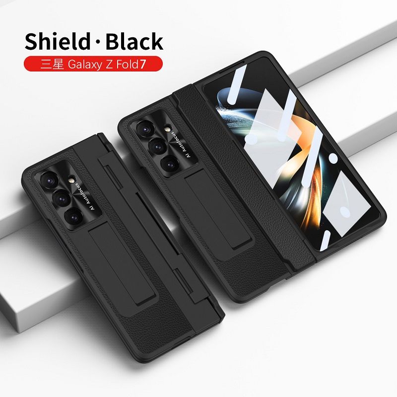 Phone Case For Samsung Galaxy Z Fold7/ Fold6/ Fold5/ Fold4/ Fold3 Electroplated Gold Armor Leather Hinge Folding Bracket Anti-Fall Protective Cover