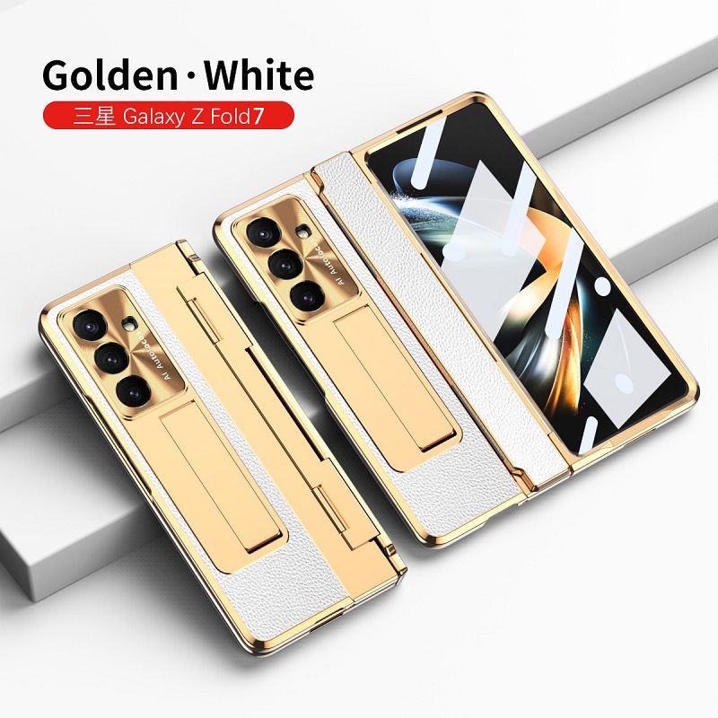 Phone Case For Samsung Galaxy Z Fold7/ Fold6/ Fold5/ Fold4/ Fold3 Electroplated Gold Armor Leather Hinge Folding Bracket Anti-Fall Protective Cover