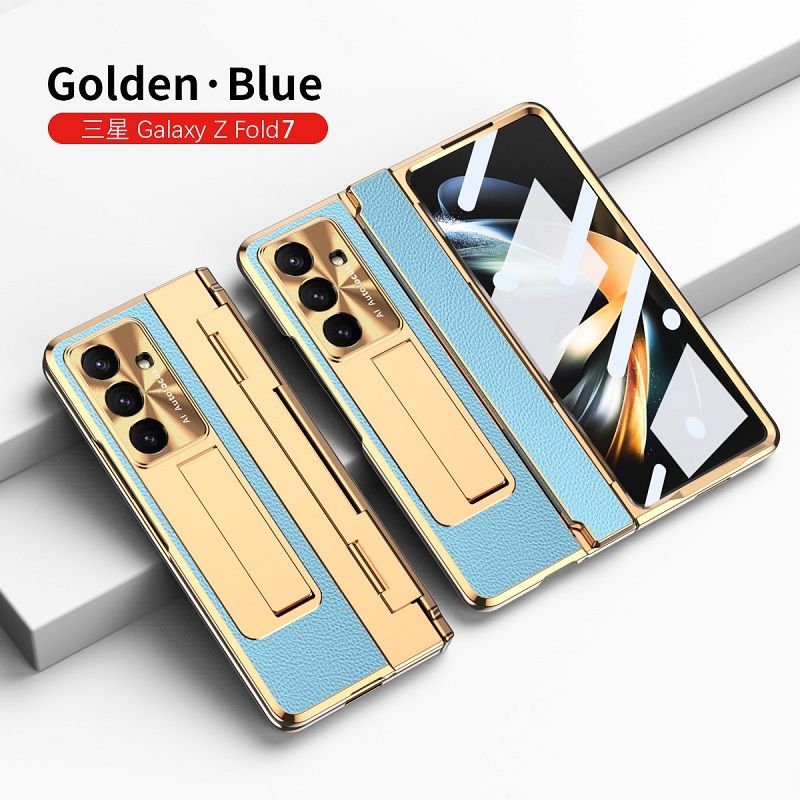 Phone Case For Samsung Galaxy Z Fold7/ Fold6/ Fold5/ Fold4/ Fold3 Electroplated Gold Armor Leather Hinge Folding Bracket Anti-Fall Protective Cover