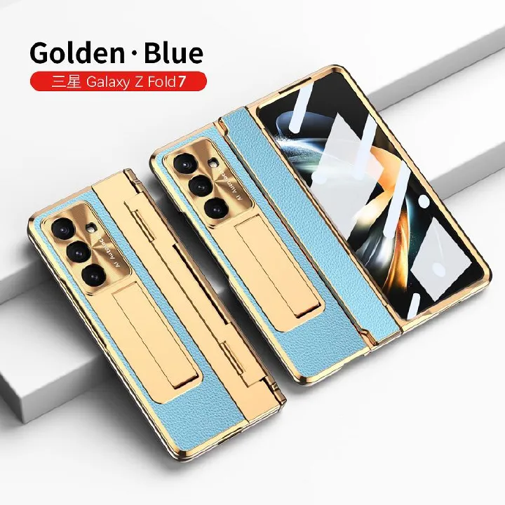 Phone Case For Samsung Galaxy Z Fold7/ Fold6/ Fold5/ Fold4/ Fold3 Electroplated Gold Armor Leather Hinge Folding Bracket Anti-Fall Protective Cover