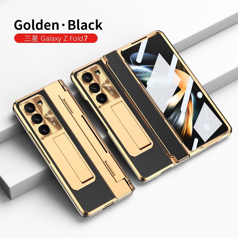 Phone Case For Samsung Galaxy Z Fold7/ Fold6/ Fold5/ Fold4/ Fold3 Electroplated Gold Armor Leather Hinge Folding Bracket Anti-Fall Protective Cover