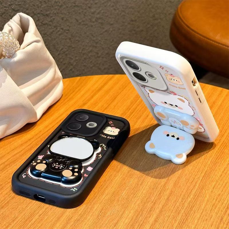 Cute Cartoon Silicona Phone Case for OPPO A5 Pro A5x A5 2025 A3x A40 A80 A60 A98 A97 A78 A58 A38 A18 A79 A59 A57 A77 A57s A77s A17 A17K A96 A76 A54 A74 A94 Bear Mirror Bracket Protective Cover