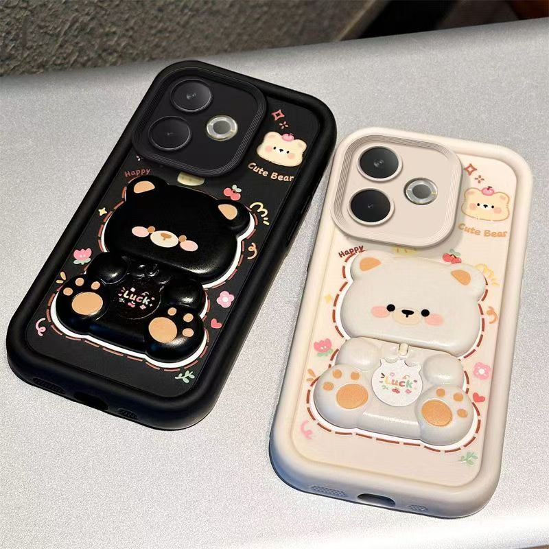 Cute Cartoon Silicona Phone Case for OPPO A5 Pro A5x A5 2025 A3x A40 A80 A60 A98 A97 A78 A58 A38 A18 A79 A59 A57 A77 A57s A77s A17 A17K A96 A76 A54 A74 A94 Bear Mirror Bracket Protective Cover