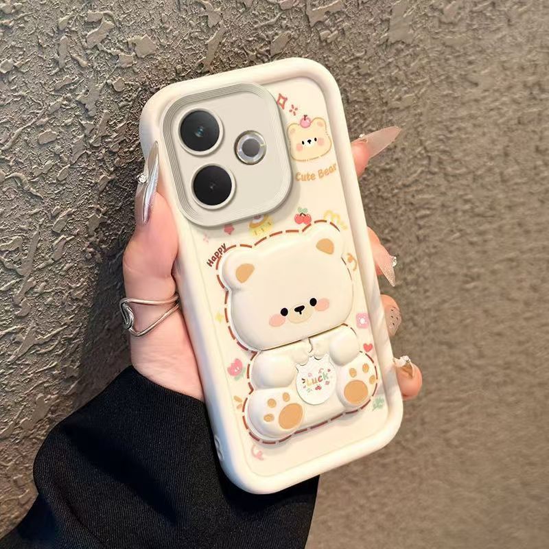 Cute Cartoon Silicona Phone Case for OPPO A5 Pro A5x A5 2025 A3x A40 A80 A60 A98 A97 A78 A58 A38 A18 A79 A59 A57 A77 A57s A77s A17 A17K A96 A76 A54 A74 A94 Bear Mirror Bracket Protective Cover