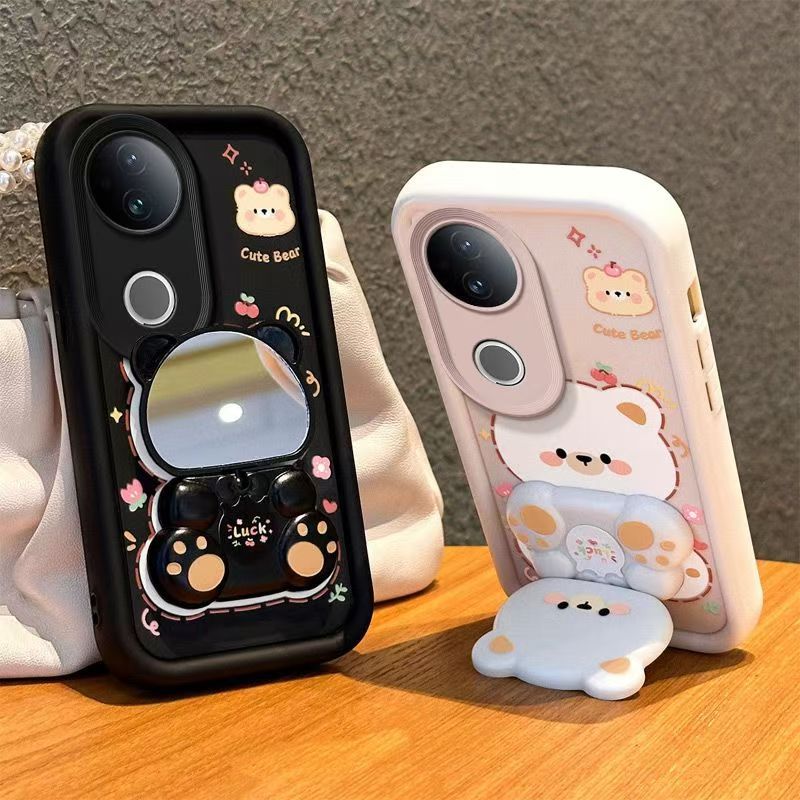 Cute Cartoon Silicona Phone Case for Vivo V50 V50 Lite V40 Lite V40 V40e V30e V29e V29 Lite V30 Pro V29 Pro V27e V27 Pro V23 Pro Bear Mirror Bracket Protective Cover