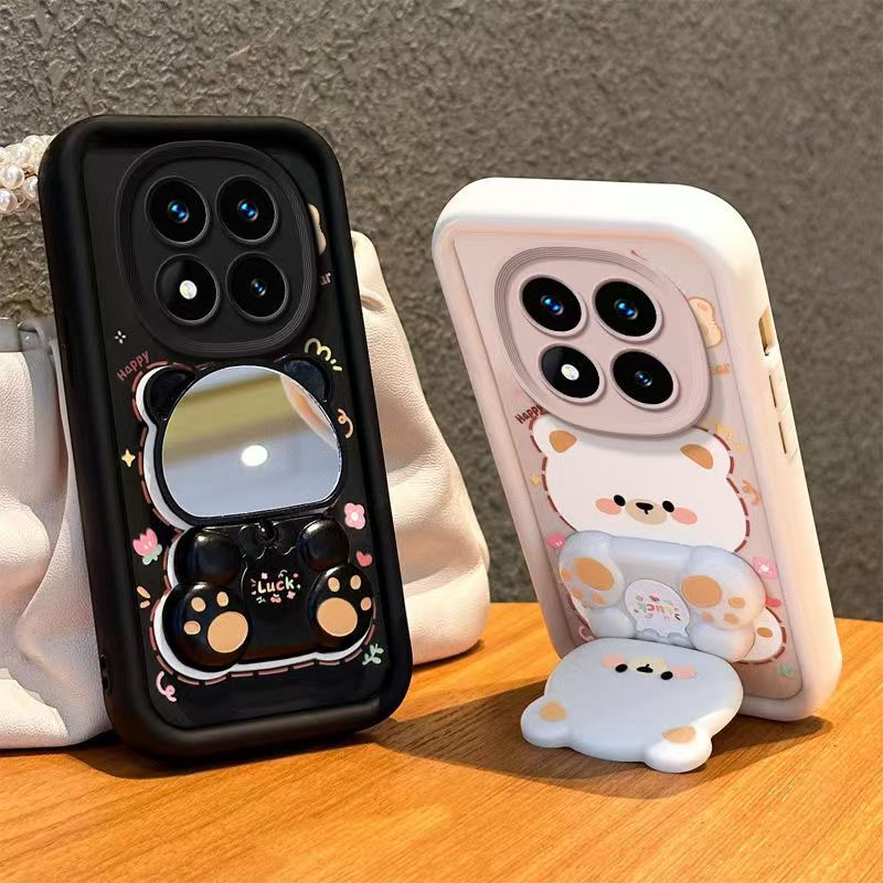 Cute Cartoon Silicona Phone Case for Xiaomi Redmi Note 14s 14 Pro 14 Pro+ Plus 13 Pro 13 Pro+ 13R Pro 12 Pro 12 Pro+ Plus 11S 11 Pro 10s 10 Pro 9S 9 Pro Bear Mirror Bracket Protective Cover
