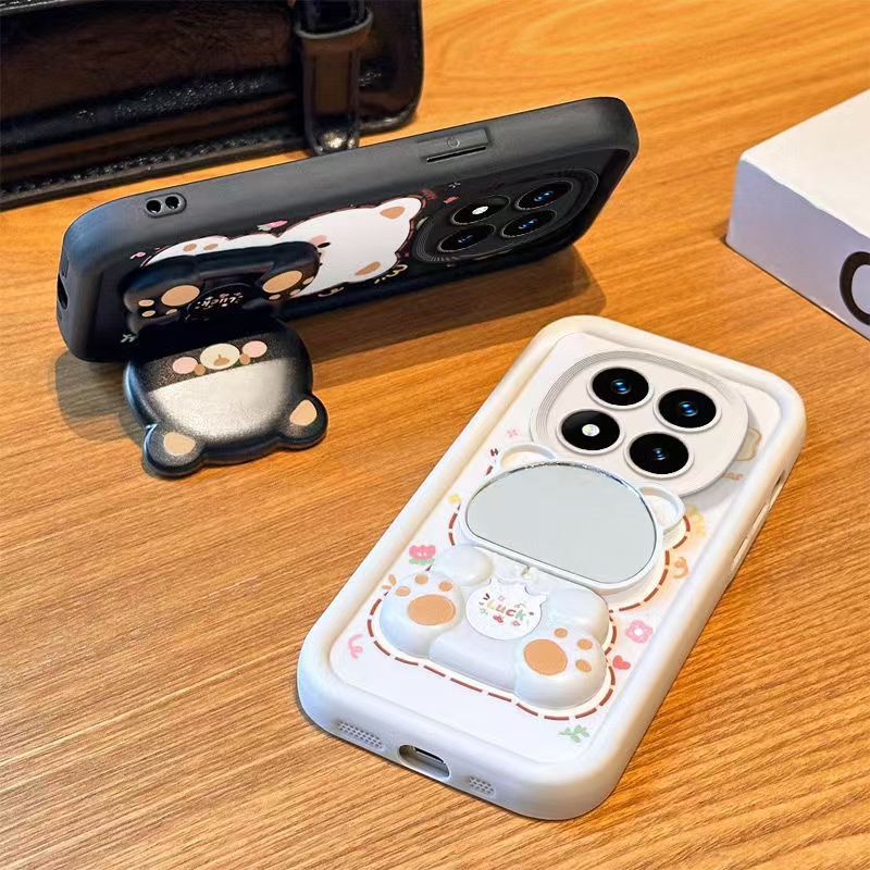 Cute Cartoon Silicona Phone Case for Xiaomi Redmi Note 14s 14 Pro 14 Pro+ Plus 13 Pro 13 Pro+ 13R Pro 12 Pro 12 Pro+ Plus 11S 11 Pro 10s 10 Pro 9S 9 Pro Bear Mirror Bracket Protective Cover