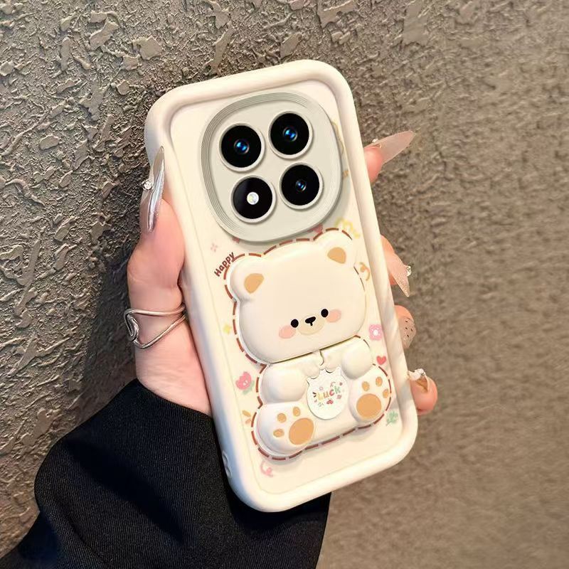 Cute Cartoon Silicona Phone Case for Xiaomi Redmi Note 14s 14 Pro 14 Pro+ Plus 13 Pro 13 Pro+ 13R Pro 12 Pro 12 Pro+ Plus 11S 11 Pro 10s 10 Pro 9S 9 Pro Bear Mirror Bracket Protective Cover