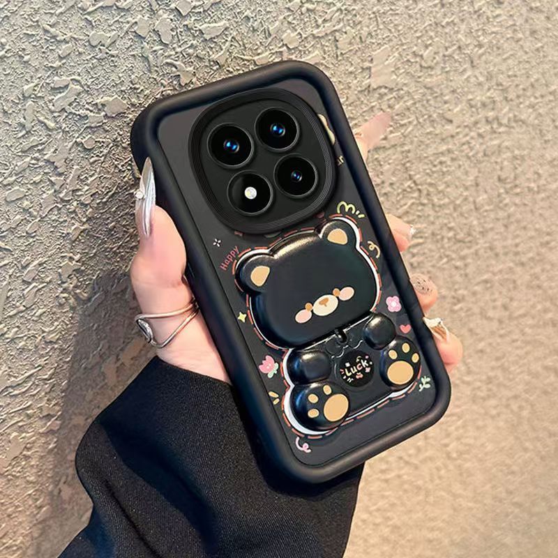 Cute Cartoon Silicona Phone Case for Xiaomi Redmi Note 14s 14 Pro 14 Pro+ Plus 13 Pro 13 Pro+ 13R Pro 12 Pro 12 Pro+ Plus 11S 11 Pro 10s 10 Pro 9S 9 Pro Bear Mirror Bracket Protective Cover