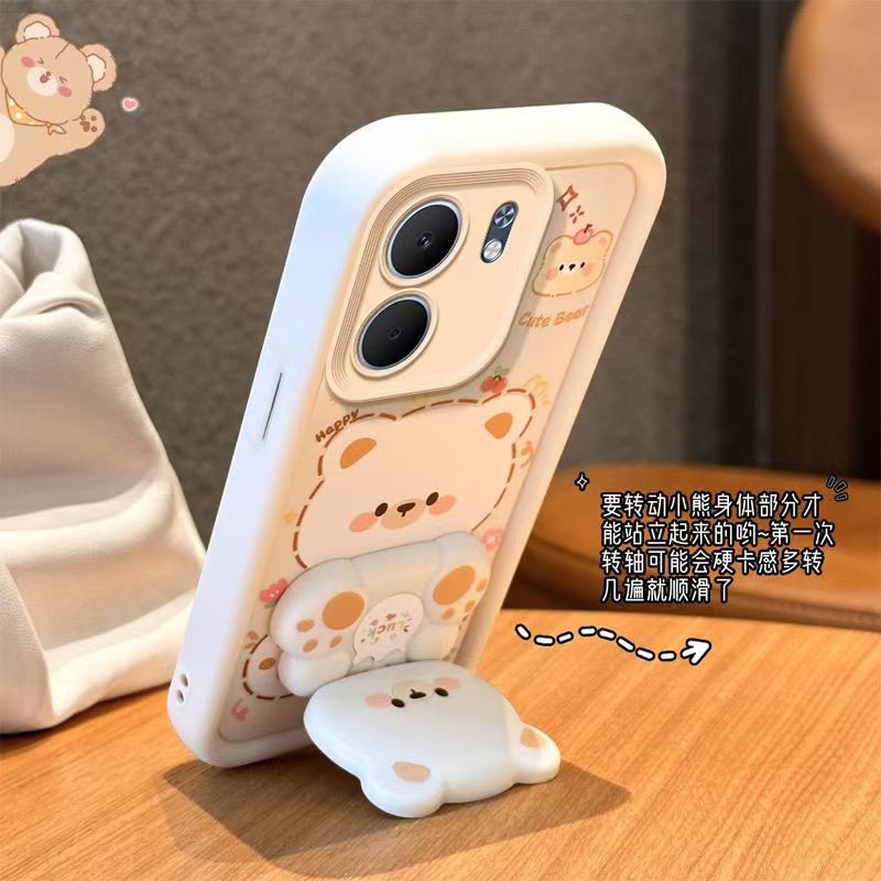 Cute Cartoon Silicona Phone Case for OPPO A5x A5 2025 A5 Pro A3x A40 A80 A60 A79 A59 A97 A98 A78 A58 A38 A18 A77s A57s A17 A17k A54 A55 A92 A72 A52 A74 A93 Bear Mirror Bracket Protective Cover