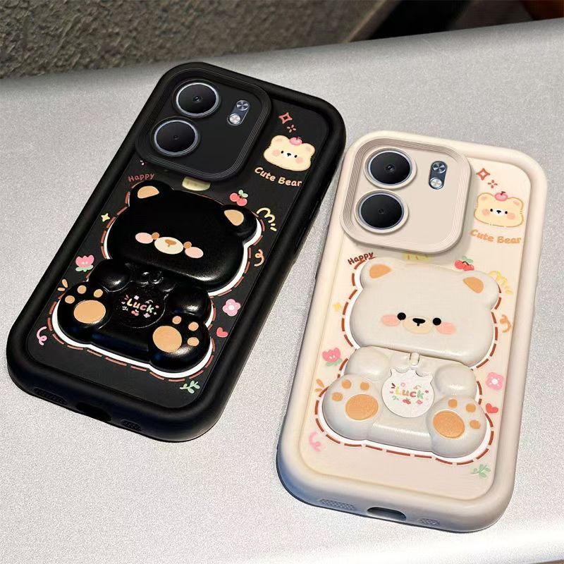 Cute Cartoon Silicona Phone Case for OPPO A5x A5 2025 A5 Pro A3x A40 A80 A60 A79 A59 A97 A98 A78 A58 A38 A18 A77s A57s A17 A17k A54 A55 A92 A72 A52 A74 A93 Bear Mirror Bracket Protective Cover