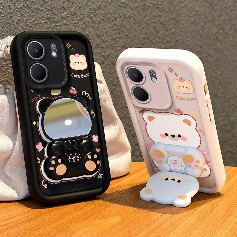 Cute Cartoon Silicona Phone Case for OPPO A5x A5 2025 A5 Pro A3x A40 A80 A60 A79 A59 A97 A98 A78 A58 A38 A18 A77s A57s A17 A17k A54 A55 A92 A72 A52 A74 A93 Bear Mirror Bracket Protective Cover