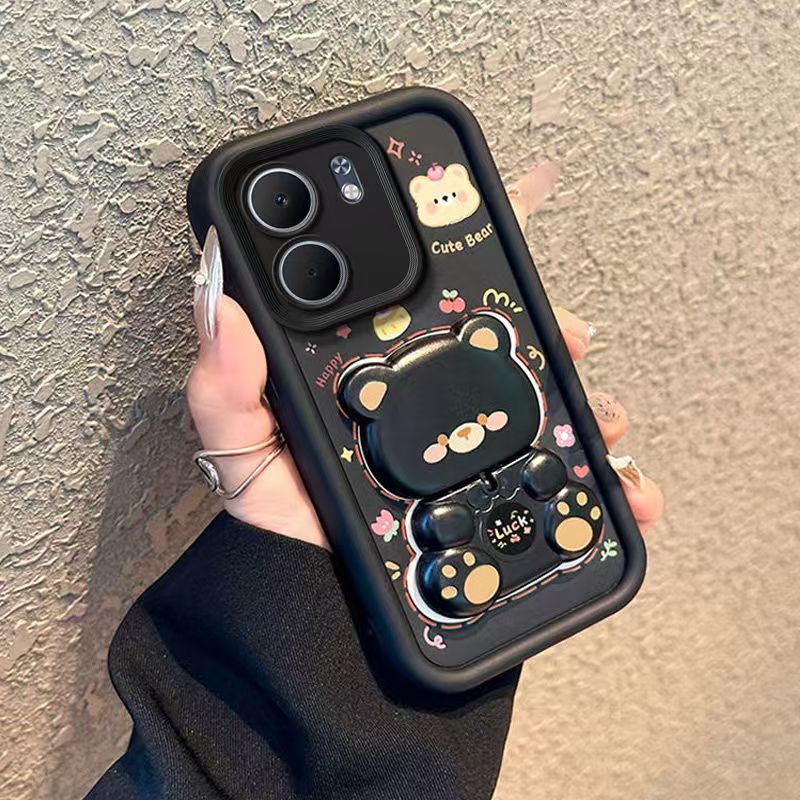 Cute Cartoon Silicona Phone Case for OPPO A5x A5 2025 A5 Pro A3x A40 A80 A60 A79 A59 A97 A98 A78 A58 A38 A18 A77s A57s A17 A17k A54 A55 A92 A72 A52 A74 A93 Bear Mirror Bracket Protective Cover