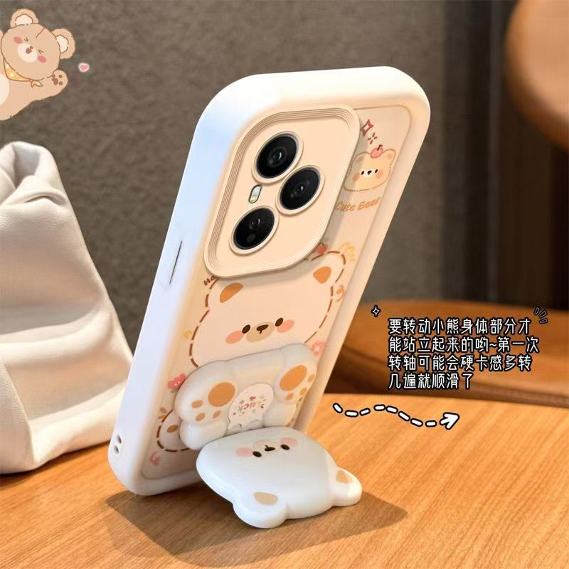Cute Cartoon Silicona Phone Case for Honor 400 Pro 400 Lite 300 Pro 200 Lite 100 Pro 90 Lite 80 70 60 50 Pro Bear Mirror Bracket Protective Cover