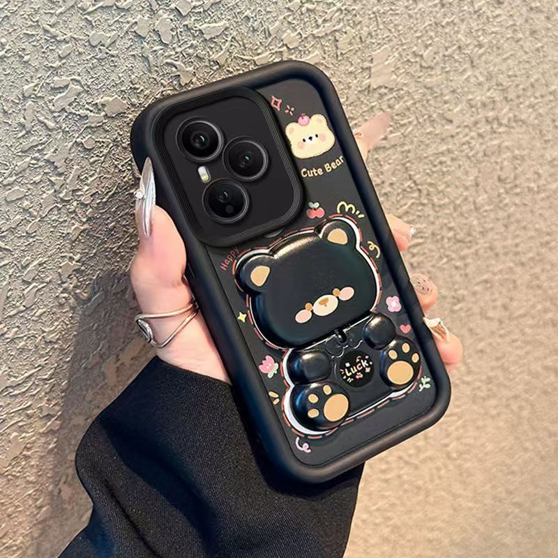 Cute Cartoon Silicona Phone Case for Honor 400 Pro 400 Lite 300 Pro 200 Lite 100 Pro 90 Lite 80 70 60 50 Pro Bear Mirror Bracket Protective Cover