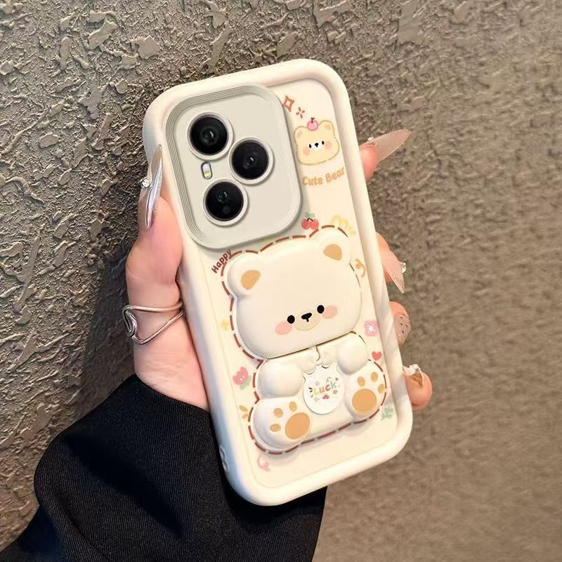 Cute Cartoon Silicona Phone Case for Honor 400 Pro 400 Lite 300 Pro 200 Lite 100 Pro 90 Lite 80 70 60 50 Pro Bear Mirror Bracket Protective Cover