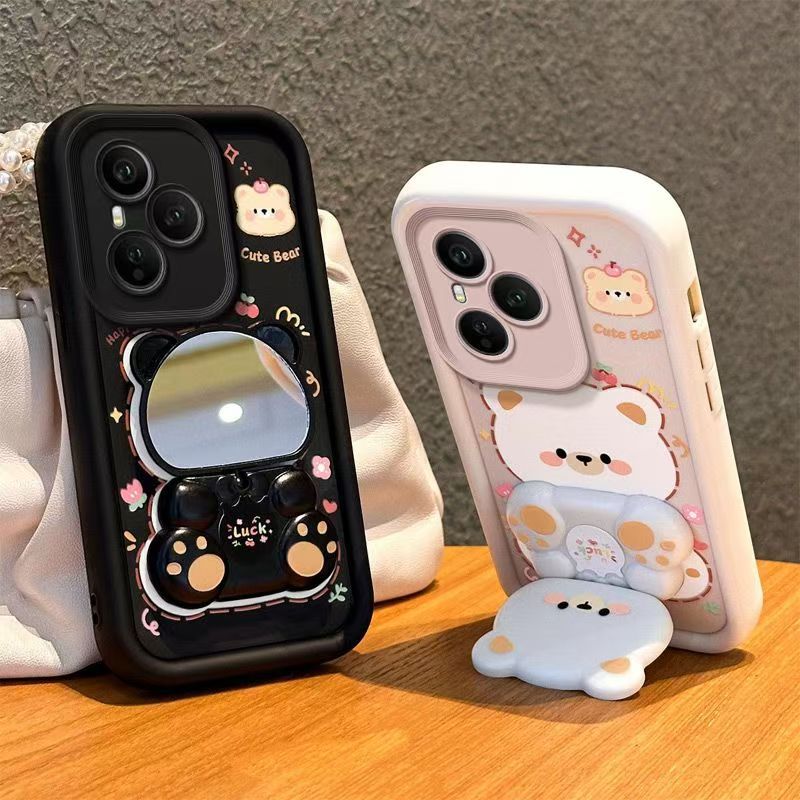 Cute Cartoon Silicona Phone Case for Honor 400 Pro 400 Lite 300 Pro 200 Lite 100 Pro 90 Lite 80 70 60 50 Pro Bear Mirror Bracket Protective Cover