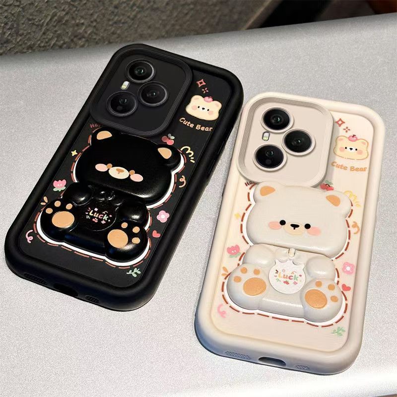 Cute Cartoon Silicona Phone Case for Honor 400 Pro 400 Lite 300 Pro 200 Lite 100 Pro 90 Lite 80 70 60 50 Pro Bear Mirror Bracket Protective Cover