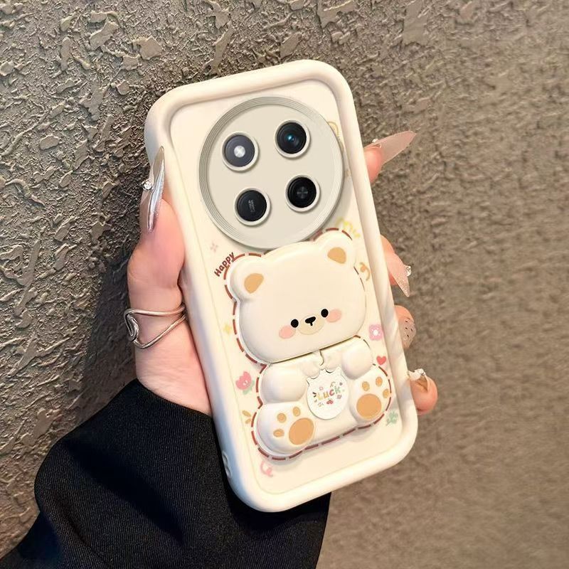 Cute Cartoon Silicona Phone Case for Honor X9C X9a X9C Smart X9B X8C X8A X8 X7A X7 X6A X6B X6C X6 X5B Plus Bear Mirror Bracket Protective Cover