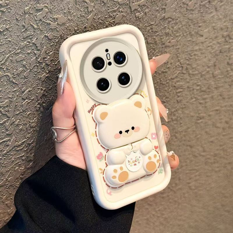 Cute Cartoon Silicona Phone Case for Huawei Mate 70 Pro 70 Pro+ 60 50 Pro 40 Pro 30 Pro Bear Mirror Bracket Protective Cover