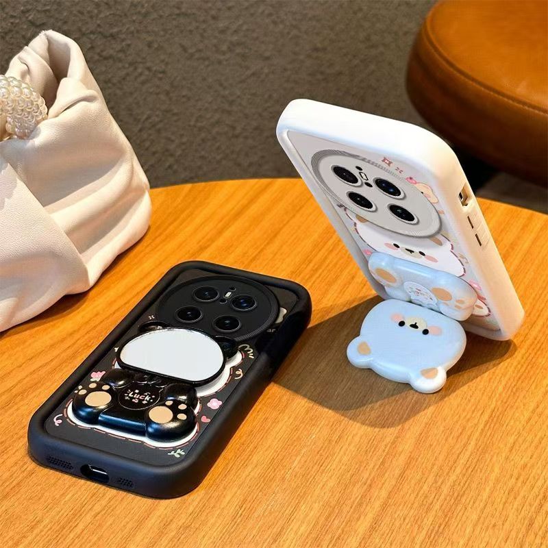Cute Cartoon Silicona Phone Case for Huawei Mate 70 Pro 70 Pro+ 60 50 Pro 40 Pro 30 Pro Bear Mirror Bracket Protective Cover