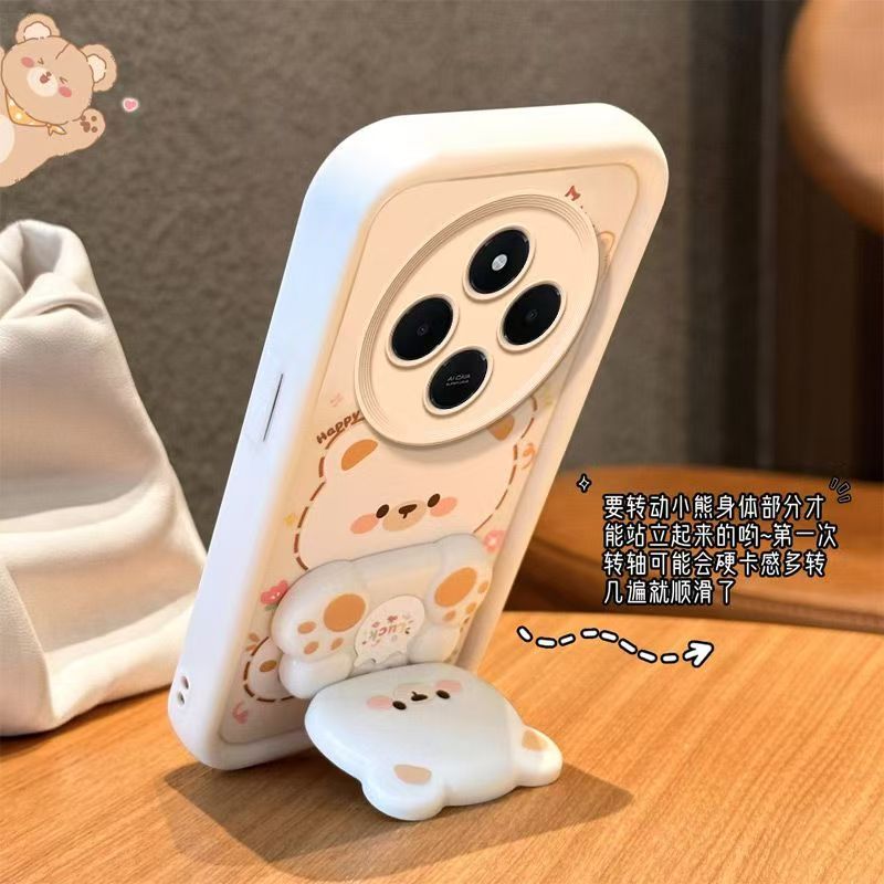 Cute Cartoon Silicona Phone Case for Xiaomi Redmi 14C A5 A3 A3 Pro A2 Plus A1 Plus 13c 13 12c 12 10C 10 10A 9C 9A 9T 9 Bear Mirror Bracket Protective Cover