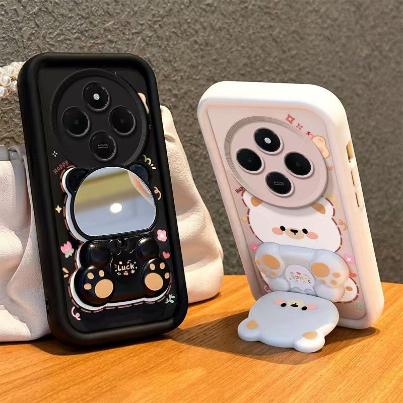 Cute Cartoon Silicona Phone Case for Xiaomi Redmi 14C A5 A3 A3 Pro A2 Plus A1 Plus 13c 13 12c 12 10C 10 10A 9C 9A 9T 9 Bear Mirror Bracket Protective Cover