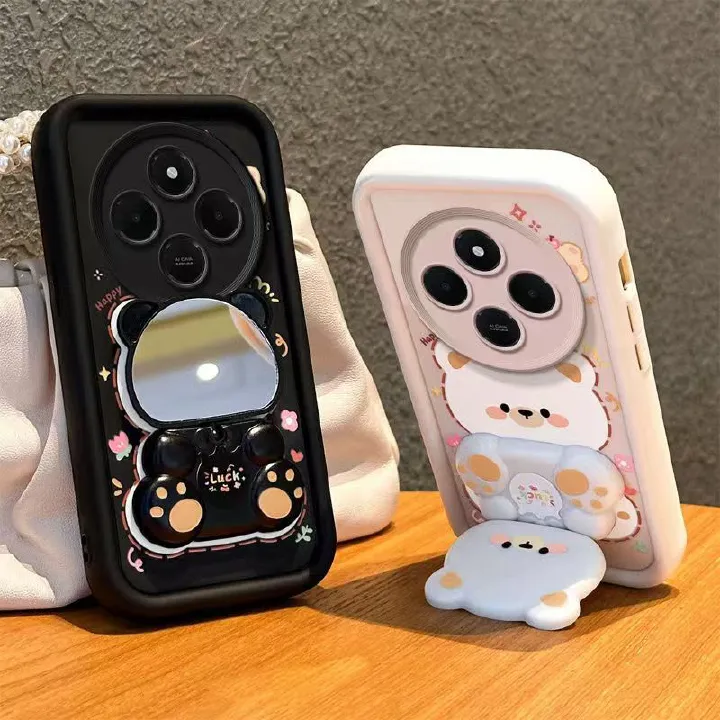 Cute Cartoon Silicona Phone Case for Xiaomi Redmi 14C A5 A3 A3 Pro A2 Plus A1 Plus 13c 13 12c 12 10C 10 10A 9C 9A 9T 9 Bear Mirror Bracket Protective Cover