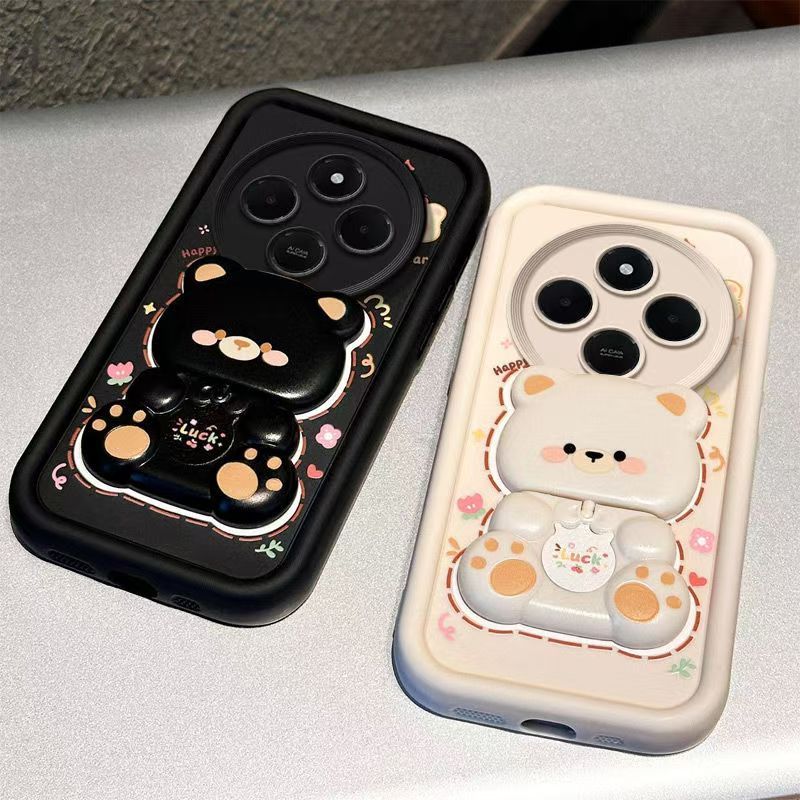 Cute Cartoon Silicona Phone Case for Xiaomi Redmi 14C A5 A3 A3 Pro A2 Plus A1 Plus 13c 13 12c 12 10C 10 10A 9C 9A 9T 9 Bear Mirror Bracket Protective Cover