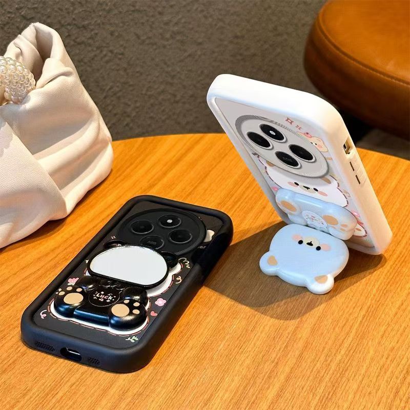 Cute Cartoon Silicona Phone Case for Xiaomi Redmi 14C A5 A3 A3 Pro A2 Plus A1 Plus 13c 13 12c 12 10C 10 10A 9C 9A 9T 9 Bear Mirror Bracket Protective Cover