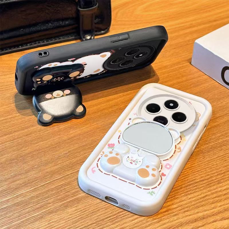 Cute Cartoon Silicona Phone Case for Xiaomi Redmi 14C A5 A3 A3 Pro A2 Plus A1 Plus 13c 13 12c 12 10C 10 10A 9C 9A 9T 9 Bear Mirror Bracket Protective Cover