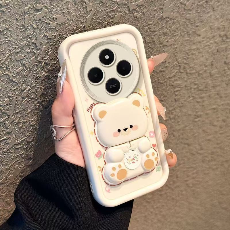 Cute Cartoon Silicona Phone Case for Xiaomi Redmi 14C A5 A3 A3 Pro A2 Plus A1 Plus 13c 13 12c 12 10C 10 10A 9C 9A 9T 9 Bear Mirror Bracket Protective Cover