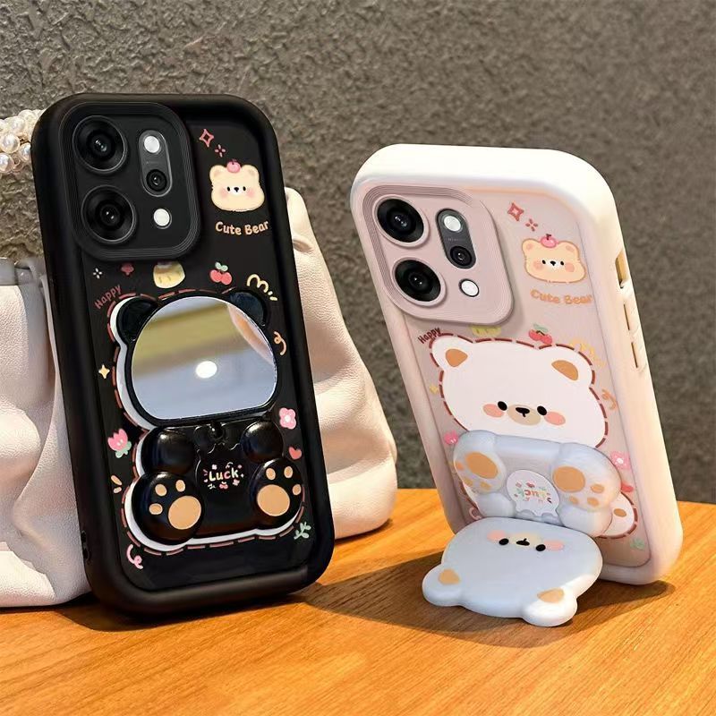 Cute Cartoon Silicona Phone Case for OPPO Reno 14F 14 Pro 13F 13 Pro 12F 12 Pro 11F 11 Pro 10 Pro 9 Pro 8 Pro+ 8T 7 6 5 Pro 6Z 5Z 7Z 5F Bear Mirror Bracket Protective Cover