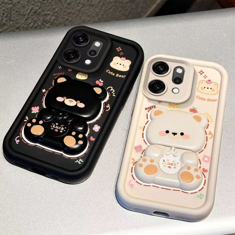 Cute Cartoon Silicona Phone Case for OPPO Reno 14F 14 Pro 13F 13 Pro 12F 12 Pro 11F 11 Pro 10 Pro 9 Pro 8 Pro+ 8T 7 6 5 Pro 6Z 5Z 7Z 5F Bear Mirror Bracket Protective Cover