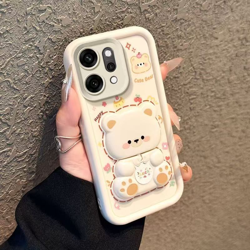 Cute Cartoon Silicona Phone Case for OPPO Reno 14F 14 Pro 13F 13 Pro 12F 12 Pro 11F 11 Pro 10 Pro 9 Pro 8 Pro+ 8T 7 6 5 Pro 6Z 5Z 7Z 5F Bear Mirror Bracket Protective Cover