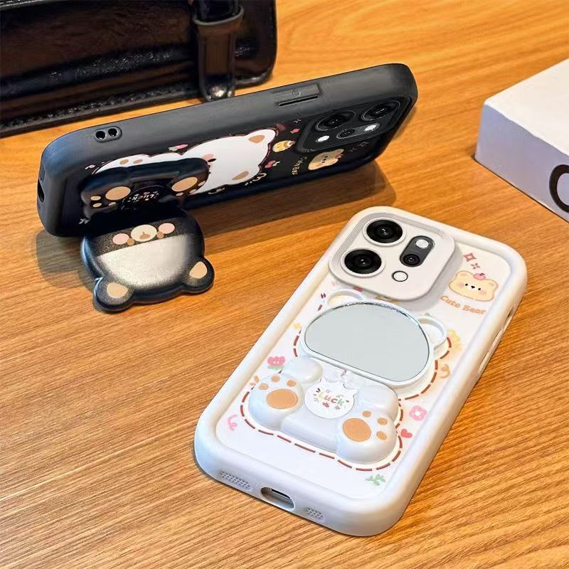 Cute Cartoon Silicona Phone Case for OPPO Reno 14F 14 Pro 13F 13 Pro 12F 12 Pro 11F 11 Pro 10 Pro 9 Pro 8 Pro+ 8T 7 6 5 Pro 6Z 5Z 7Z 5F Bear Mirror Bracket Protective Cover