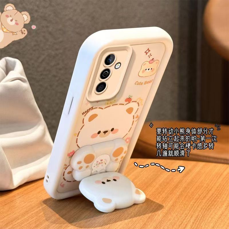 Cute Cartoon Silicona Phone Case for Samsung Galaxy A17 A07 A56 A36 A26 A16 A06 A55 A35 A25 A15 A05s A05 A54 A34 A14 A24 A04s A04 A04e Bear Mirror Bracket Protective Cover