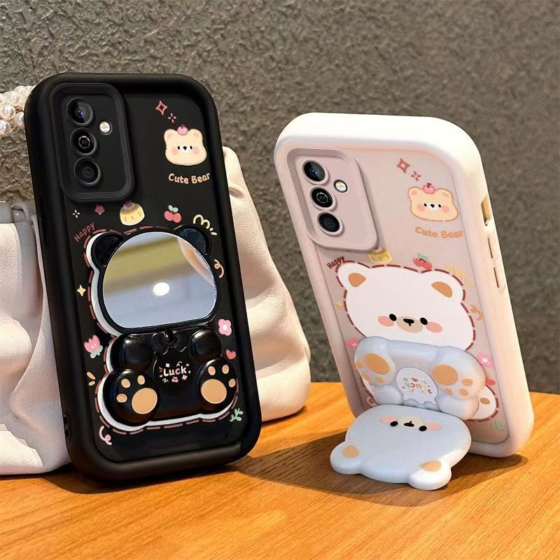 Cute Cartoon Silicona Phone Case for Samsung Galaxy A17 A07 A56 A36 A26 A16 A06 A55 A35 A25 A15 A05s A05 A54 A34 A14 A24 A04s A04 A04e Bear Mirror Bracket Protective Cover