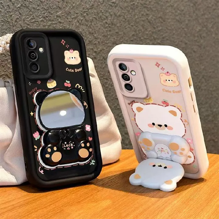 Cute Cartoon Silicona Phone Case for Samsung Galaxy A17 A07 A56 A36 A26 A16 A06 A55 A35 A25 A15 A05s A05 A54 A34 A14 A24 A04s A04 A04e Bear Mirror Bracket Protective Cover