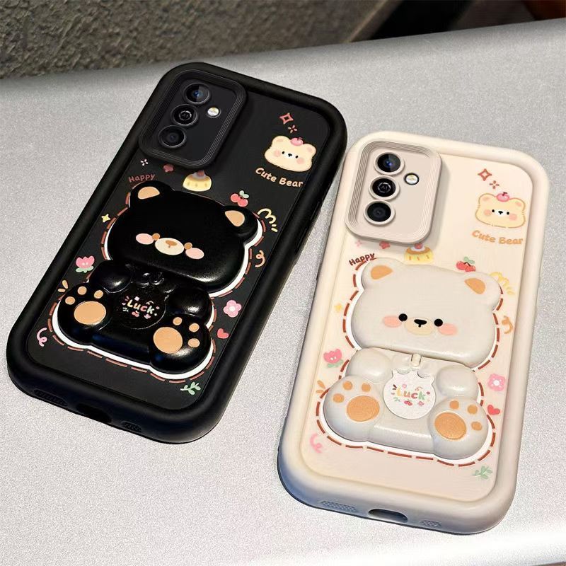 Cute Cartoon Silicona Phone Case for Samsung Galaxy A17 A07 A56 A36 A26 A16 A06 A55 A35 A25 A15 A05s A05 A54 A34 A14 A24 A04s A04 A04e Bear Mirror Bracket Protective Cover