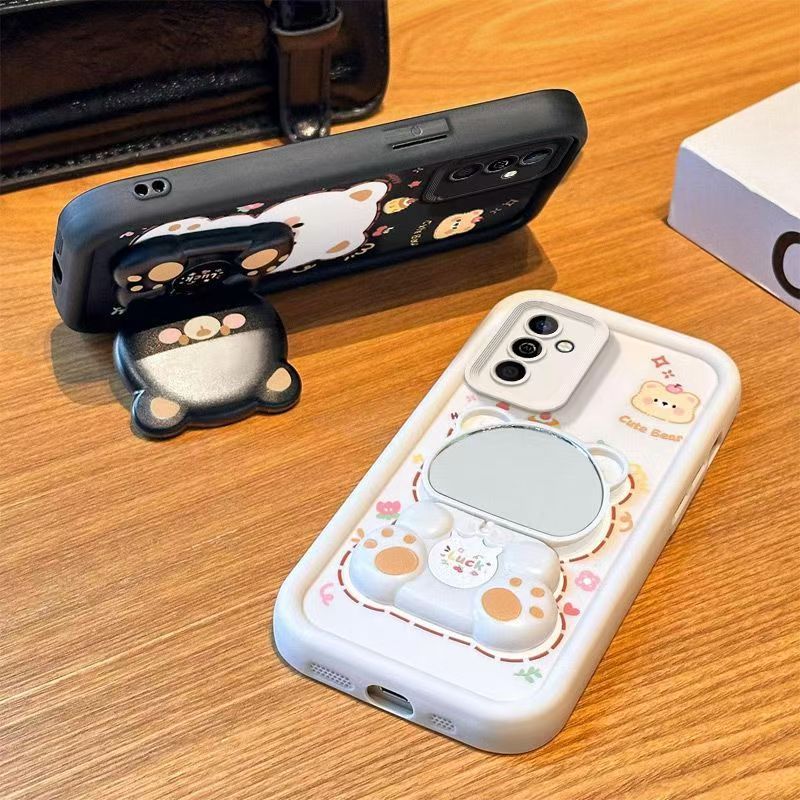 Cute Cartoon Silicona Phone Case for Samsung Galaxy A17 A07 A56 A36 A26 A16 A06 A55 A35 A25 A15 A05s A05 A54 A34 A14 A24 A04s A04 A04e Bear Mirror Bracket Protective Cover